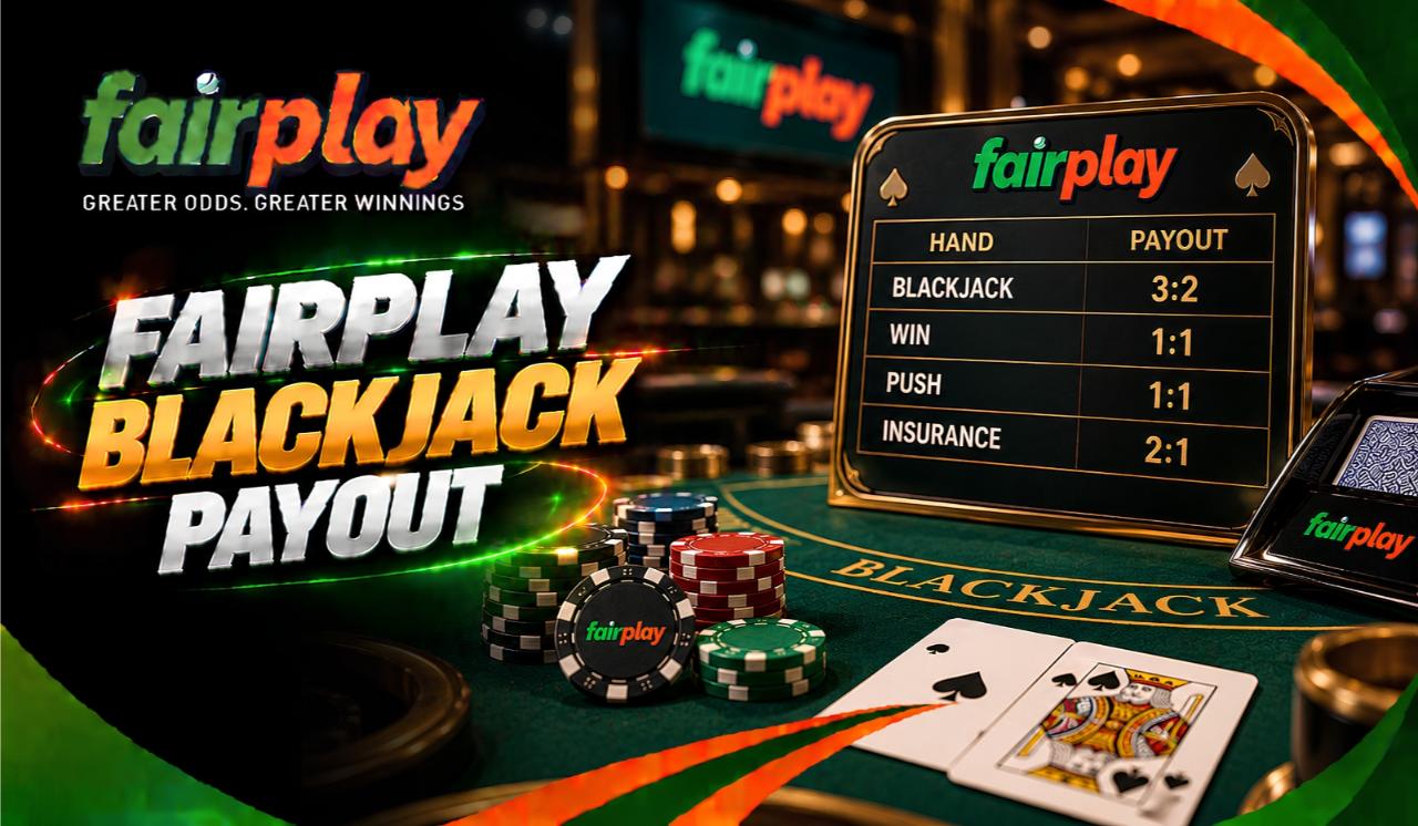 Fairplay Blackjack Payout: table felt printed with the blackjack payout rule beside the betting box