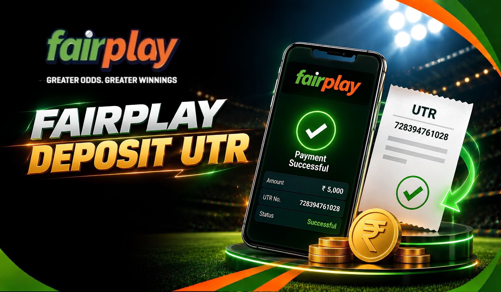 Fairplay Deposit UTR: a successful UPI payment on a phone next to a receipt showing the UTR reference number