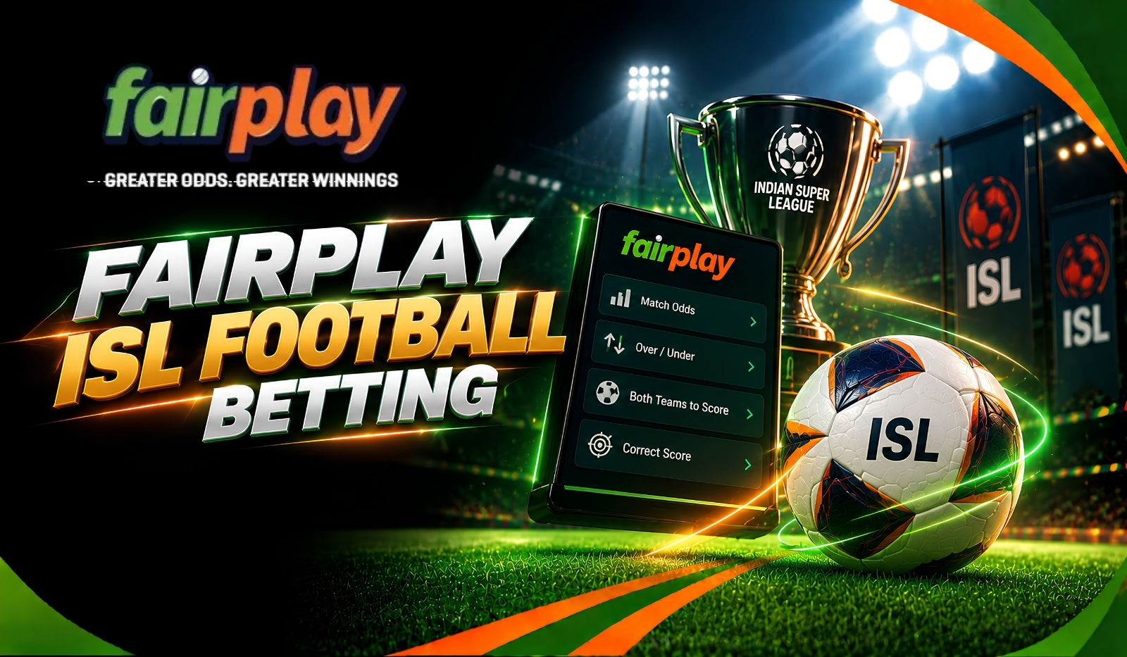 Fairplay Football Betting: football match markets on a phone beside the trophy and a match ball
