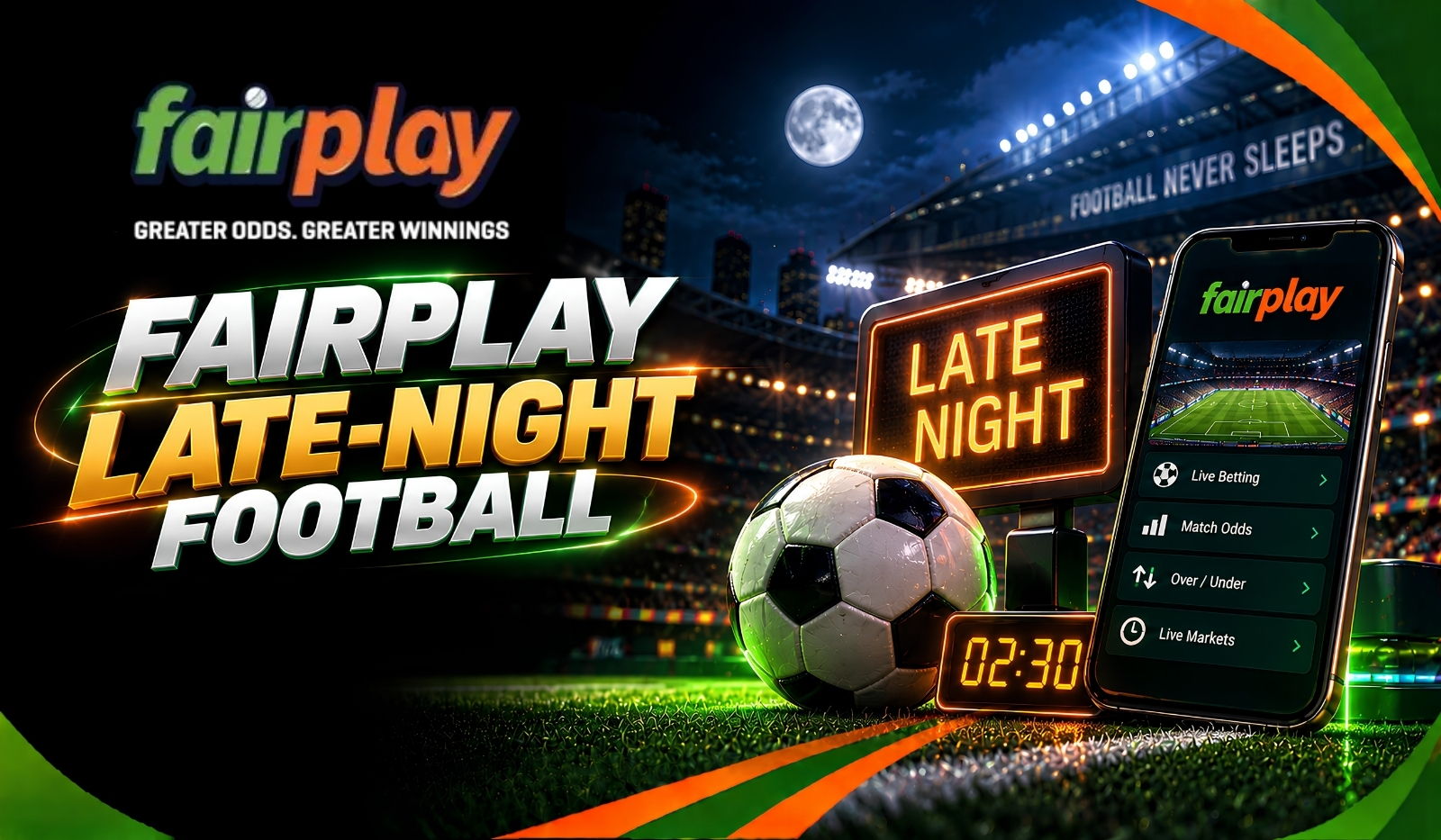 Fairplay Late-Night Football: live markets on a phone beside a floodlit pitch under a full moon