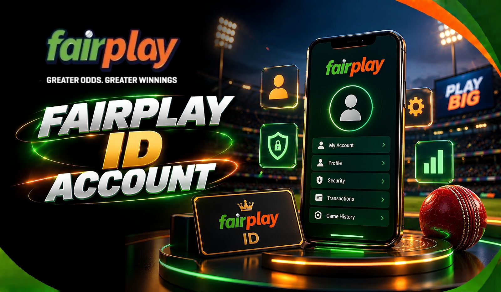 Fairplay ID Account: an account screen on a phone listing profile, security, transactions and game history