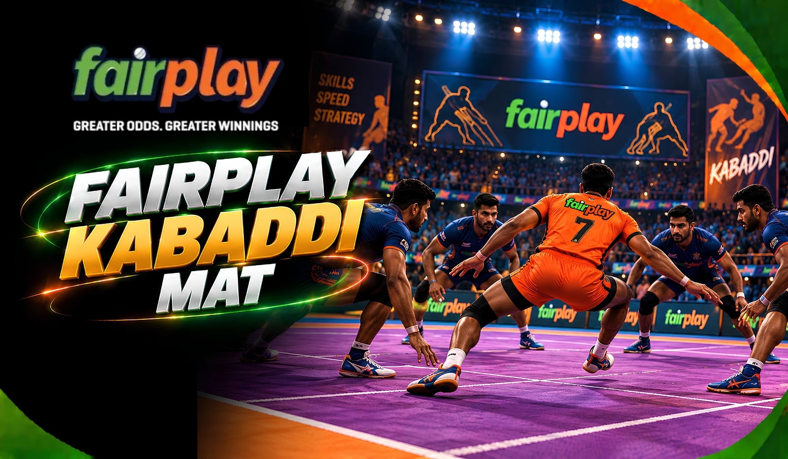 Fairplay Kabaddi Mat: a raid under way on a Pro Kabaddi mat in front of a full crowd