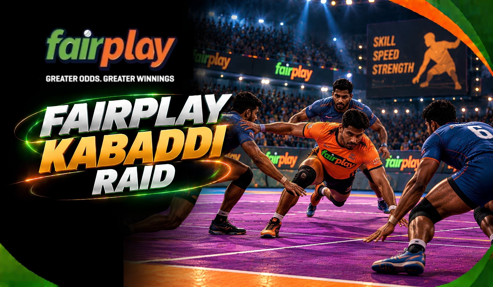 Fairplay Kabaddi Raid: a raider diving low past defenders reaching to tackle him
