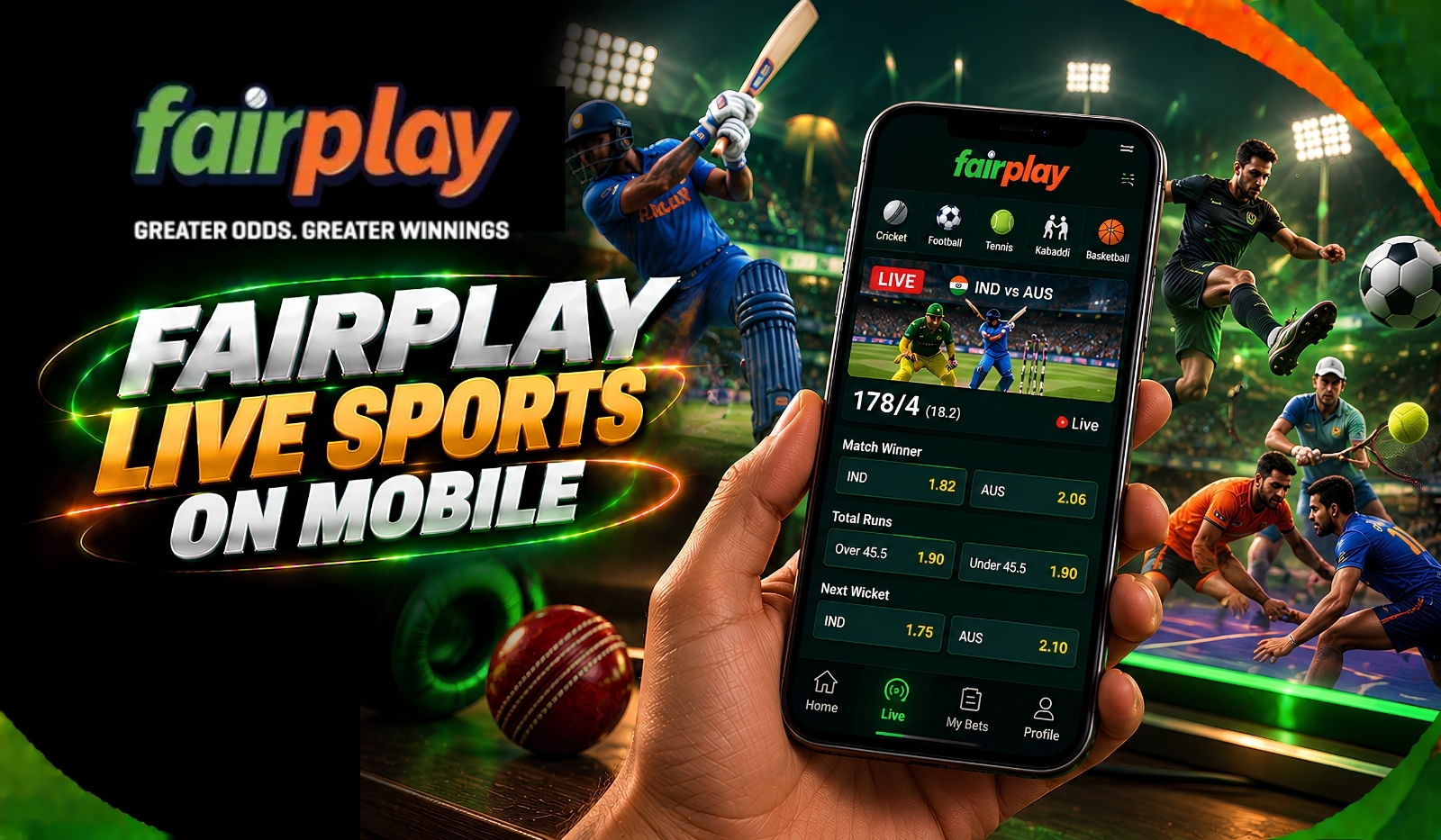Fairplay Live Sports on Mobile: a live cricket score and match markets on a phone held in one hand