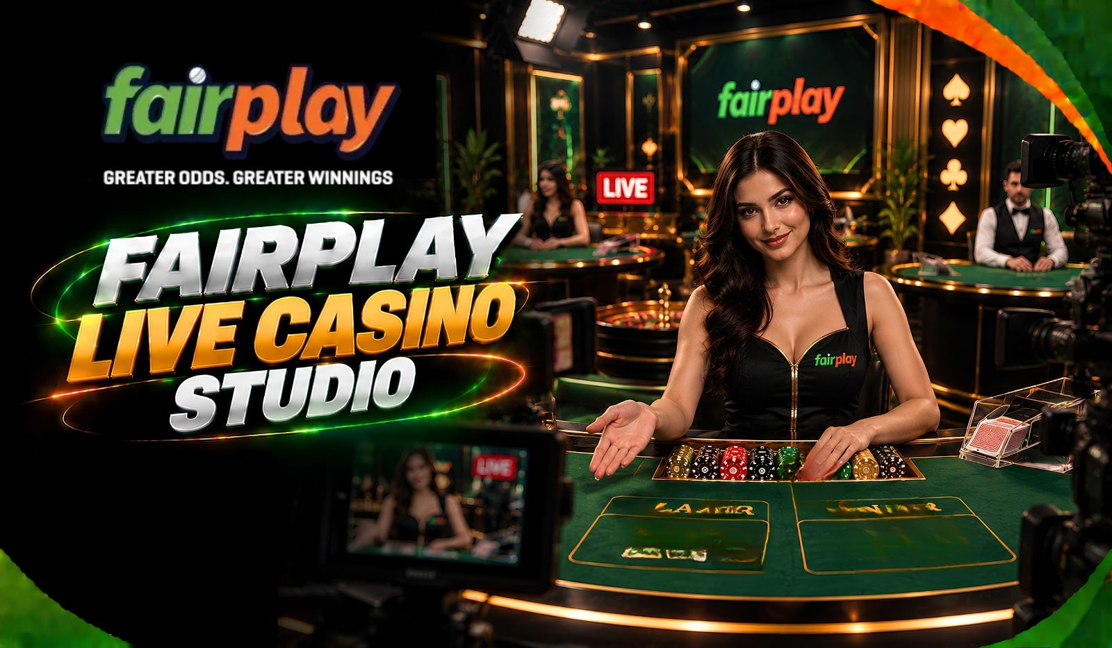 Fairplay Live Casino Studio: a live dealer at a table under studio lighting with a LIVE marker on screen