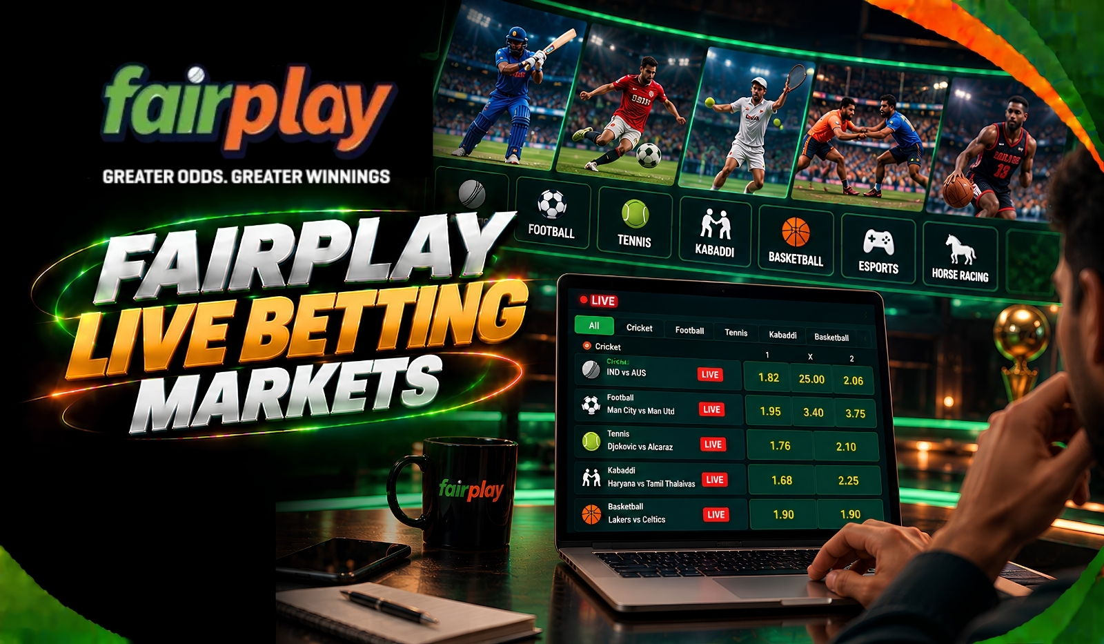 Fairplay Live Betting Markets: a laptop showing in-play prices across football, tennis, kabaddi, basketball and horse racing