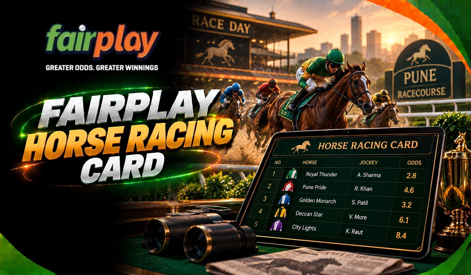Fairplay Horse Racing Card: a race card listing runners, jockeys and odds beside horses on the track