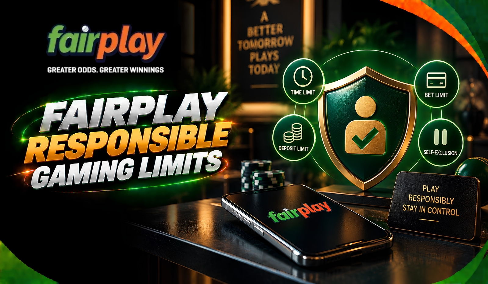 Fairplay Responsible Gaming Limits: deposit, time, bet and self-exclusion limits shown around a protection shield