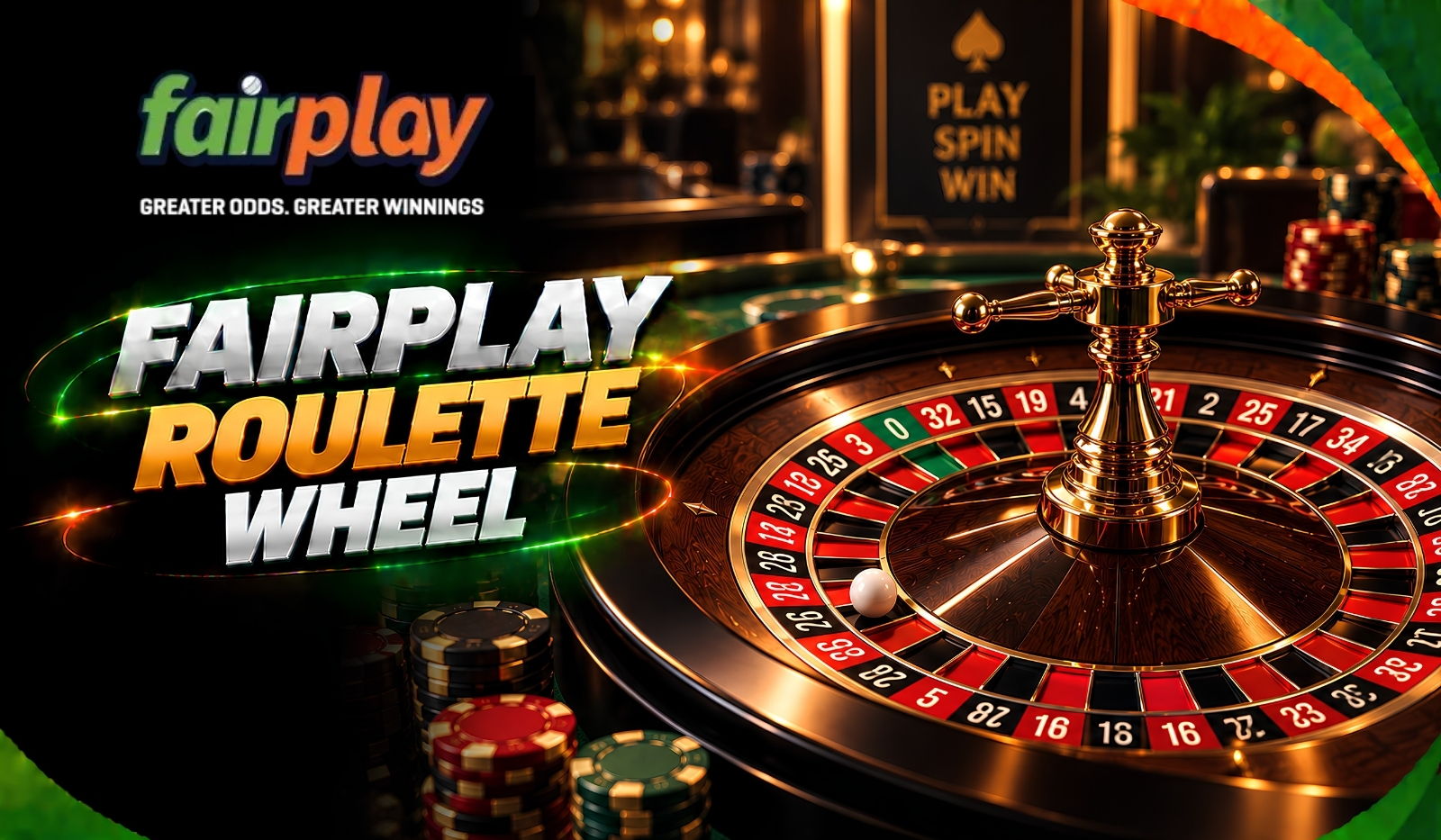 Fairplay Roulette Wheel: the ball running in the track of a spinning roulette wheel beside stacked chips