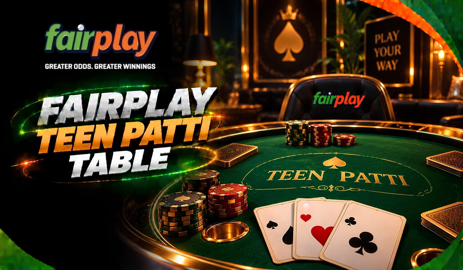 Fairplay Teen Patti Table: three cards dealt face up beside stacked chips on a green baize table