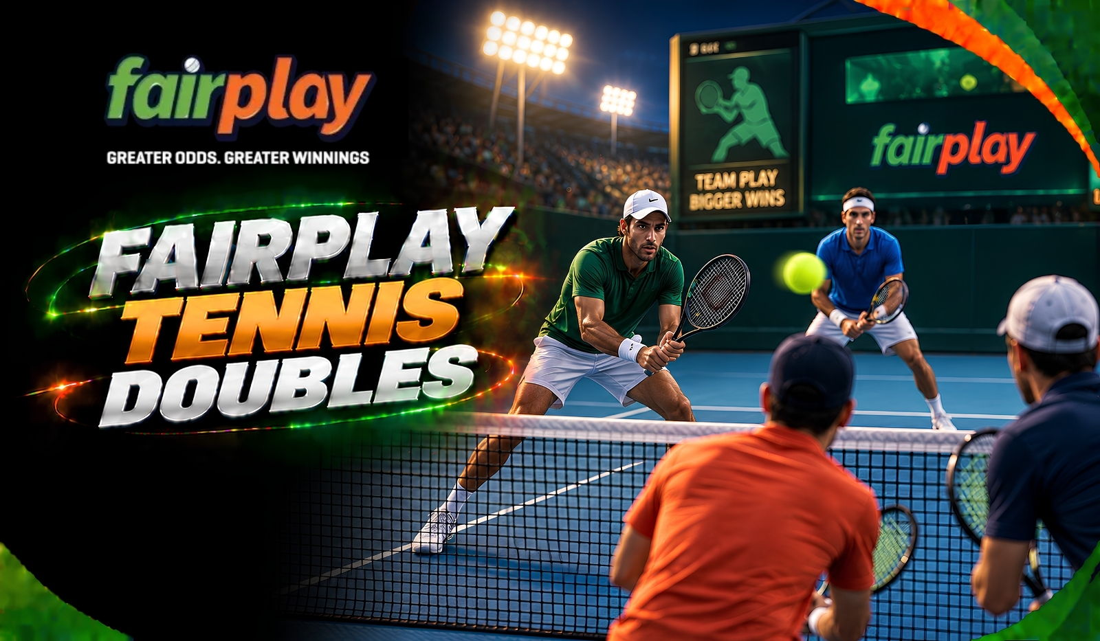 Fairplay Tennis Doubles: a doubles pair covering the net during a floodlit match