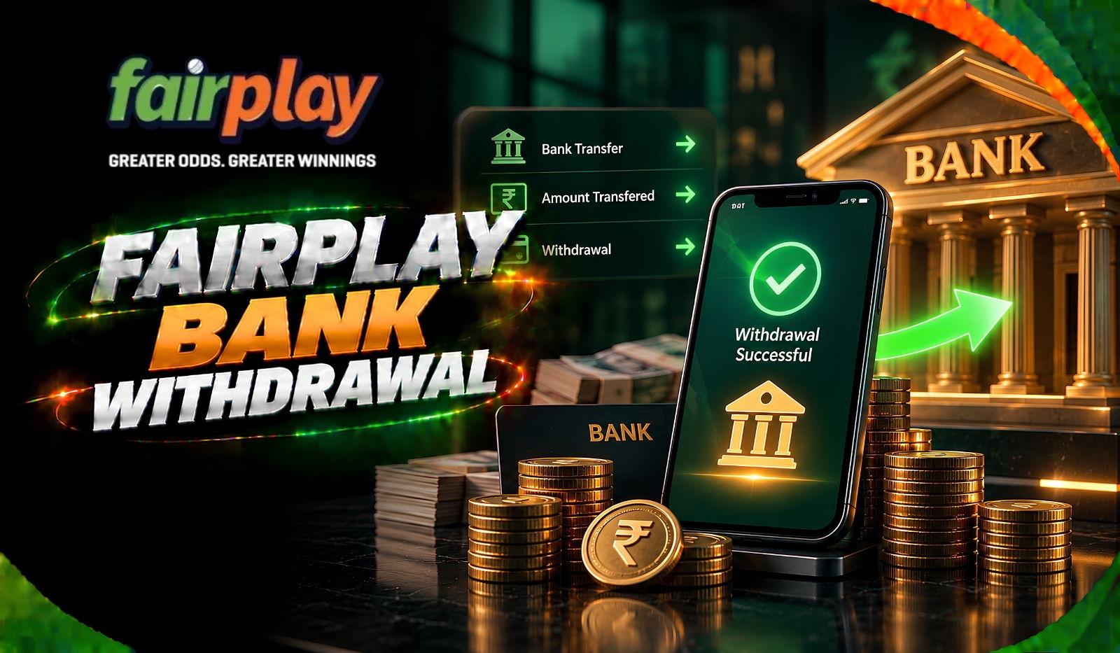 Fairplay Bank Withdrawal: a withdrawal confirmed on a phone beside a bank building and stacked coins